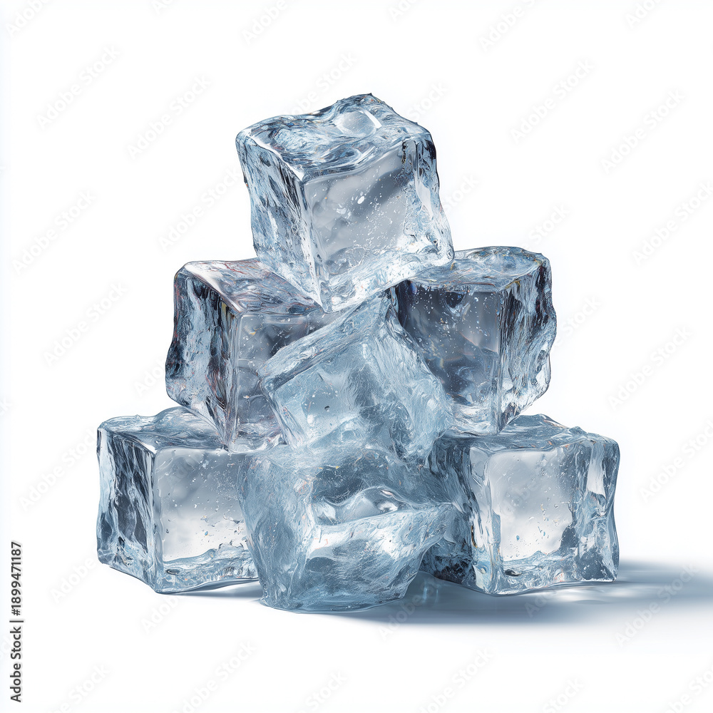 Obraz premium Clear ice cubes stacked in a pyramid formation on a white background, showcasing their transparency and texture with reflections and bubbles visible within the ice