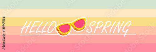 Hello Spring vector banner with text and retro yellow sunglasses isolated on stripped background. Hello Spring poster design template with cartoon sunglasses, retro rainbow, good vibes
