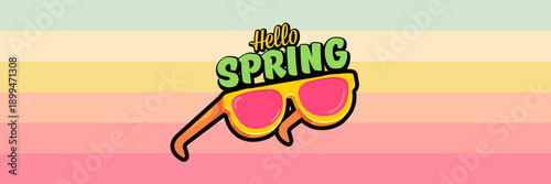 Hello Spring vector banner with text and retro yellow sunglasses isolated on stripped background. Hello Spring poster design template with cartoon sunglasses, retro rainbow, good vibes