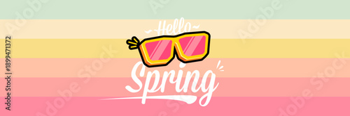 Hello Spring vector banner with text and retro yellow sunglasses isolated on stripped background. Hello Spring poster design template with cartoon sunglasses, retro rainbow, good vibes
