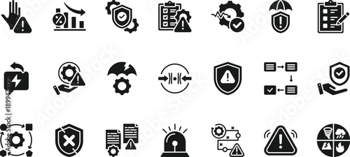 Mitigation icon set. Icon pack contains mitigation, prevention, reduction, control, protection, security, planning, preparedness, management, response