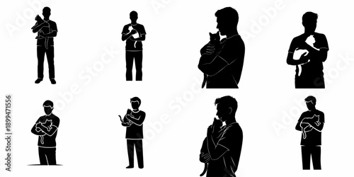 Vector silhouettes set featuring men holding cats, depicting the strong human-feline bond, pet affection, and responsible animal ownership in black and white styles.