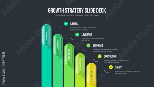 Marketing Plan Presentation Template Vector Illustration. Advertising Review Five Option Diagram Slide Design. Company Performance 5 Element Infographic Slideshow Layout.