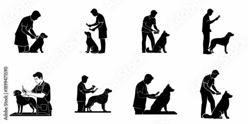 Dog grooming silhouettes set featuring professional pet care workers brushing, combing, and clipping various dog breeds for salon service illustrations.