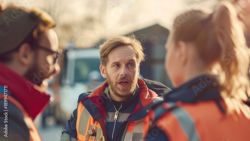 Emergency services team collaborating and communicating outdoors