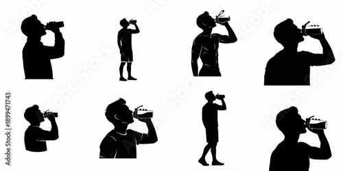 Collection of Male Silhouettes Drinking Water or Shakes, Representing Fitness, Hydration, and Nutrition Icons.