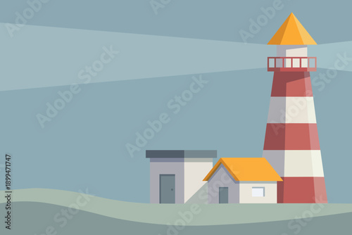 Minimalist lighthouse structure with light beam against a muted blue sea and sky