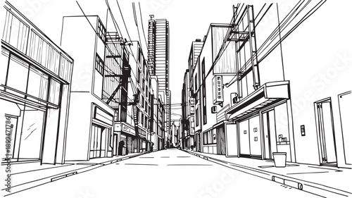 City landscape. Different buildings on street, outline cityscape hand sketch, flat houses. Hand drawn vector illustration