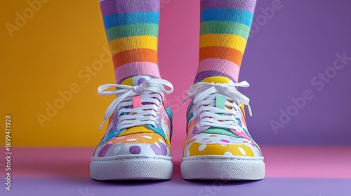 Colorful shoes and striped socks stand on a bright background in a playful setting