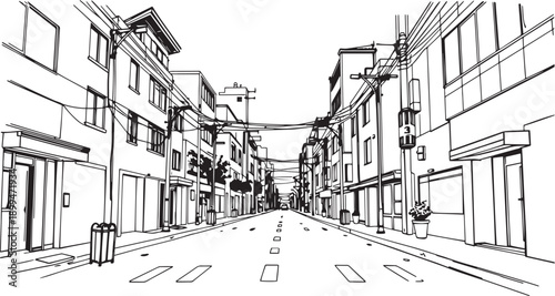 City landscape. Different buildings on street, outline cityscape hand sketch, flat houses. Hand drawn vector illustration