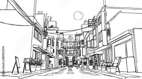 City landscape. Different buildings on street, outline cityscape hand sketch, flat houses. Hand drawn vector illustration