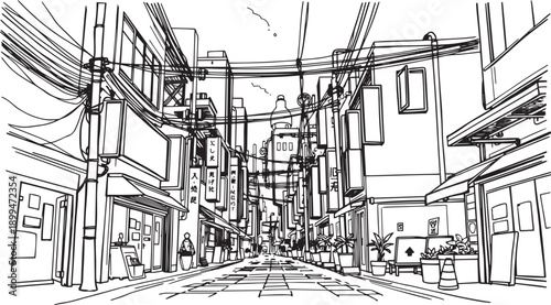 City landscape. Different buildings on street, outline cityscape hand sketch, flat houses. Hand drawn vector illustration