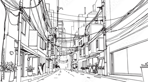 City landscape. Different buildings on street, outline cityscape hand sketch, flat houses. Hand drawn vector illustration