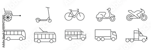 Public transport icon set, rickshaw, scooter, bicycle, bus, tram, truck, semi illustration.