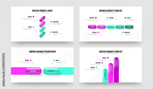 Consulting Planning 4 5 2 3 Step Diagram Slideshow Layout Set. Product Development Four Five Two Three Option Infographic Presentation Template Vector Illustration Bundle.