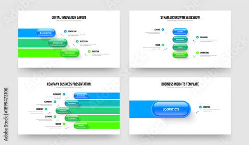Creative Showcase 3 4 5 1 Option Infographic Presentation Design Collection. Company Strategy Three Four Five One Element Diagram Slide Layout Vector Illustration Set.