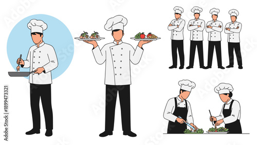 Group of professional chefs in traditional white uniforms performing tasks such as cooking with pans, serving food, and posing.