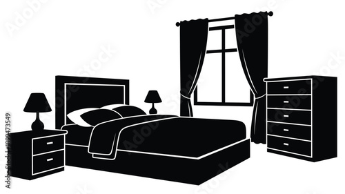 a black and white silhouette of a bedroom interior with furniture and window