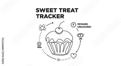 Sweet treat tracker with cupcake and reward icons on white background