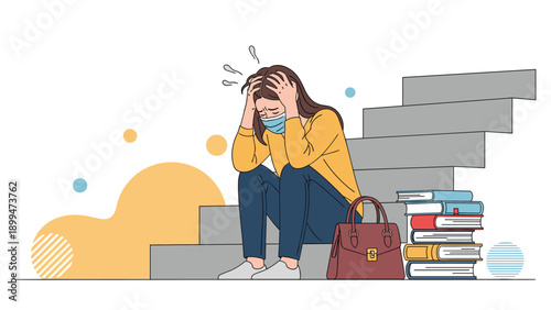 Stressed student wearing a protective face mask sitting on stairs with a stack of books while holding her head in despair.