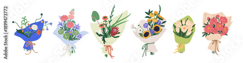 Flower bouquets, bunches set. Floral gifts, blooming arrangement wrapped with paper and ribbon. Arranged mixed garden blossoms, floristic design. Flat vector illustration isolated on white background