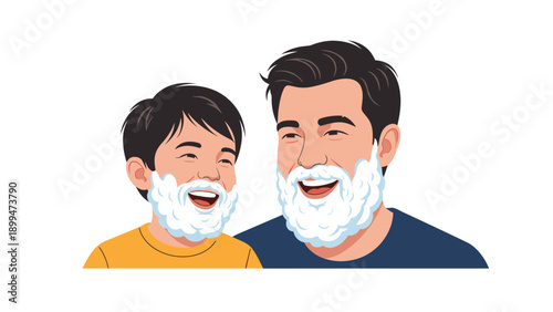 Happy father and young son sharing a fun moment while having white shaving cream on their faces like beards in the bathroom.