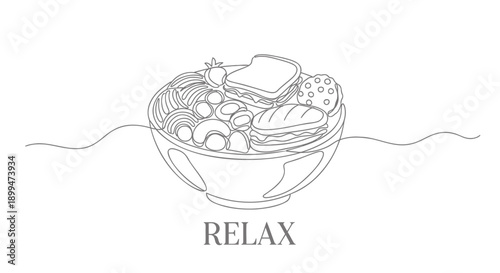 A black and white line drawing of a bowl filled with various healthy foods and the word 'relax' below it