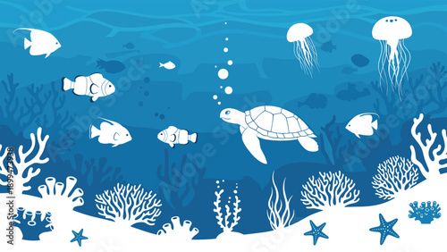 Underwater world illustration with a sea turtle swimming through blue water filled with fish, jellyfish, and white coral reefs.