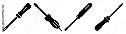 Set of four black and green screwdrivers isolated on white background for DIY repair tools