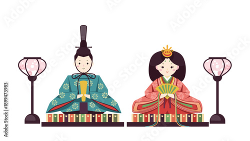 Traditional japanese doll festival display featuring the emperor and empress dolls in ceremonial robes with pink lanterns.