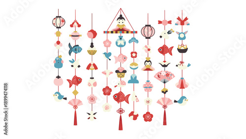 Detailed collection of traditional japanese hanging ornaments for the hina matsuri festival including birds, fish, and dolls.