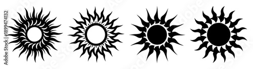 Four black and white sunburst explosion shapes isolated on transparent background vector illustration