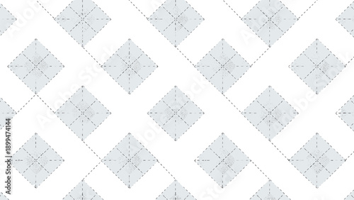 Minimalist geometric pattern consisting of gray diamond shapes and dotted lines arranged on a clean white background.