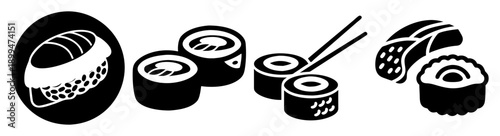 Set of black car tires with tread patterns isolated on white background for automotive industry