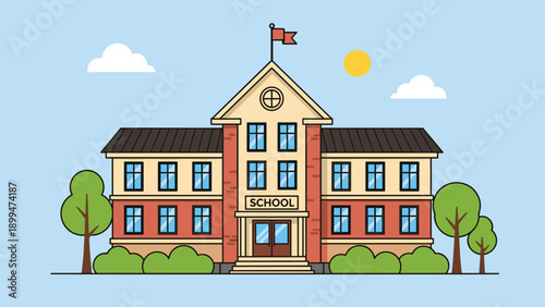 Two story brick school building with a clock, flag, and green trees under a clear blue sky with a bright yellow sun.