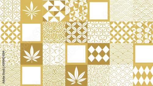 Grid of various traditional japanese patterns and hemp leaf designs in gold and white for a sophisticated oriental background.