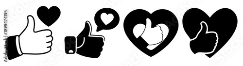 Hand holding smartphone with thumbs up and love heart icons vector illustration for social media approval and positive feedback
