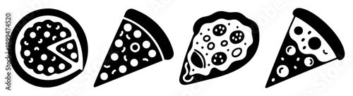 Set of four black and white pizza slice icons with toppings isolated on transparent background vector illustration