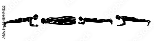 Group of people doing push ups exercise workout in sync fitness training silhouette black and white minimalist