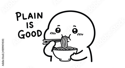 Cute character eating noodles with chopsticks and happy expression