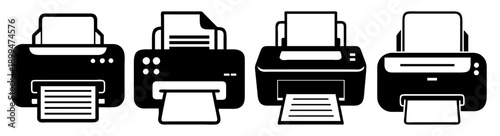 Set of four modern black office printers isolated on white background for business and technology use
