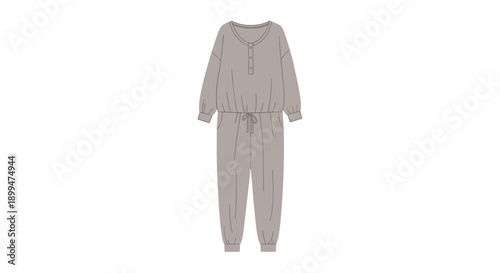 Cozy sleep jumpsuit in neutral tones isolated on a pristine white background, showcasing relaxed fit and soft fabric design