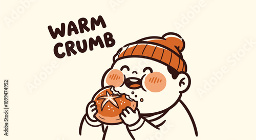 Happy child eating warm crumbly bread in winter