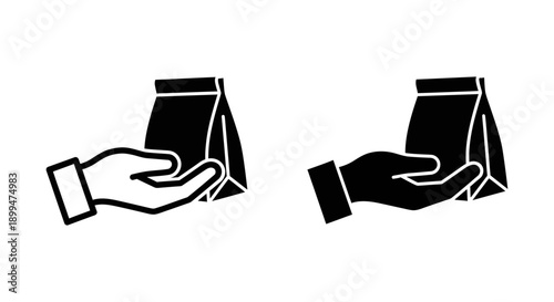 Hand holding a paper bag icon, representing takeaway food, delivery service, or shopping.