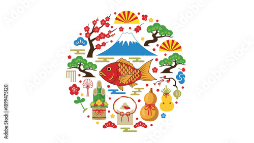 Collection of traditional Japanese lucky charms and New Year icons arranged in a circular design on white background.
