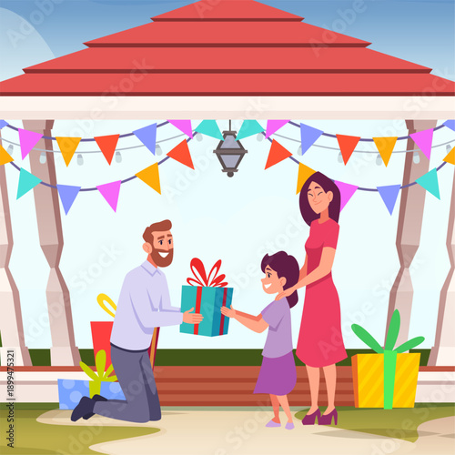 Birthday. outdoor background with happy parents holding present box. vector template