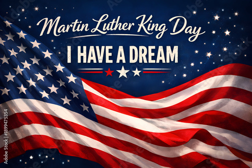 Martin Luther King Day, I have a Dream. American holiday. Text written on dark blue background and US flag