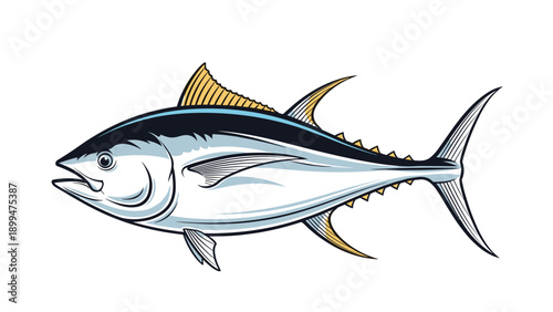Detailed illustration of a large bluefin tuna fish showing its streamlined body and distinctive fins against a white background.