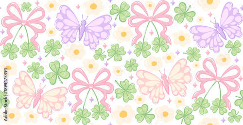 Cute shamrock seamless pattern decorated with coquette bow, flower and butterflies