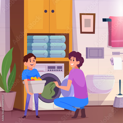 Kids help parents. mother and son washing clothes in bathroom